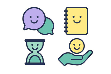 Set of colorful business and communication icons with happy smiley faces
