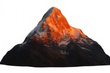 Isolated mountain peak catching vibrant alpenglow at sunset with snow and rocky texture, transparent background