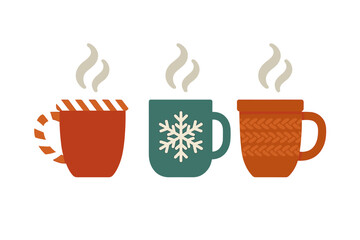 Three colorful steaming mugs decorated with winter holiday patterns like a candy cane stripe, snowflake, and knitted texture