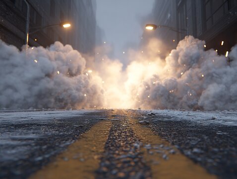A dramatic burst of smoke and light erupting along an empty city street, framed by looming buildings and cold pavement as glowing lamps cut through the rising haze