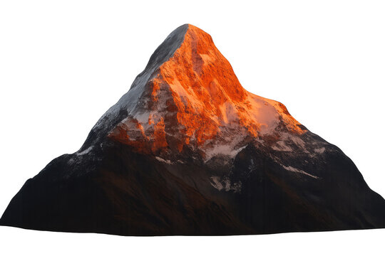 Isolated mountain peak catching vibrant alpenglow at sunset with snow and rocky texture, transparent background