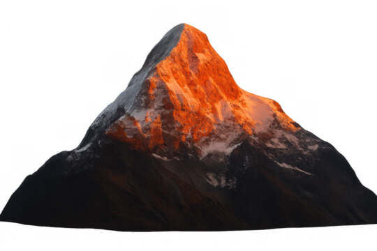 Isolated mountain peak catching vibrant alpenglow at sunset with snow and rocky texture, transparent background