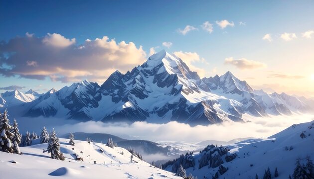 Breathtaking panorama of snow-covered mountains against a bright sky at sunset