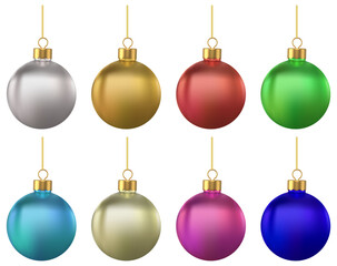 Metallic Christmas ornaments. PNG. Realistic ornaments with ribbon isolated vector design. Christmas balls.