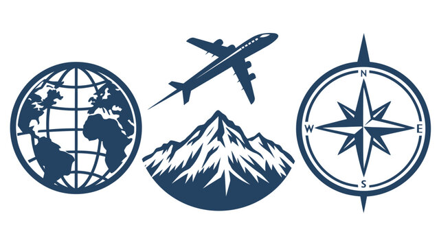 Explore the world with airplane, mountain, globe and compass for adventure seekers and travel enthusiasts