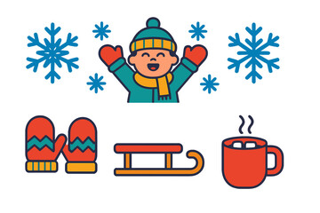 Cheerful person enjoying winter weather surrounded by snowflakes, warm mittens, sled, and hot drink