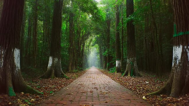 Tranquil forest path beckons with brick walkway and lush trees, perfect for nature walks and peaceful escapes, inviting viewers to explore the beauty of the green woods in motion