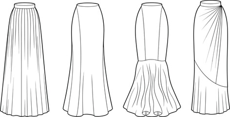Long skirt fashion templates, technical flat sketches of multiple women’s designs, vector apparel illustration for pattern making, sewing, and garment development © Hasem Creative