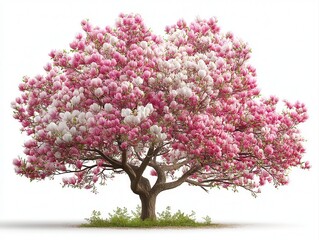 Fototapeta premium A vibrant magnolia tree in full bloom with pink and white flowers, standing alone against a white background.