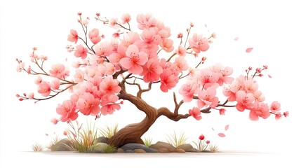 A beautiful, blossoming cherry blossom tree with delicate pink flowers and a twisting trunk, surrounded by grass and stones on a white background.