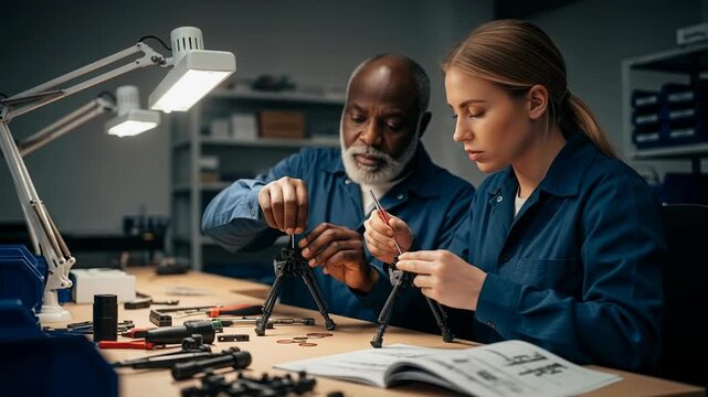 Two engineers skillfully assemble high-quality sniper rifle bipods using precise tools. The cluttered workstation features numerous small parts and technical manuals for guidance.