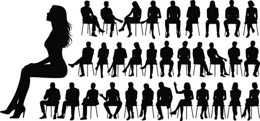Silhouette, people, sitting, chairs, men, women, pose, collection, office, waiting, posture, seated, figures, conversation, meeting, business, outline, design, gesture, illustration