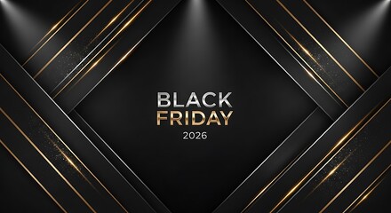 Announcing Black Friday 2026 with a modern gold and silver design perfect for retail promotions, marketing campaigns, and holiday sales events