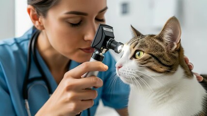 Veterinarian examines cat's eyes using an ophthalmoscope in close-up setting.
