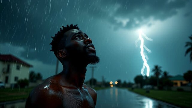 Young Black man faces heavy downpour with frustration under dramatic storm clouds