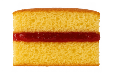 Golden sponge cake slice layered with red fruit jam, a popular sweet treat and pastry dish. Transparent background