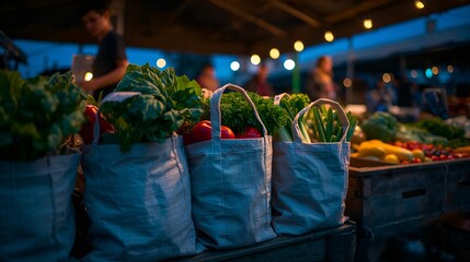 Fresh produce in eco-friendly shopping bags displayed at a local farmers market with customers browsing in the background