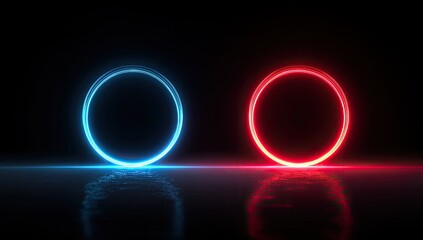 Two glowing neon circles, one blue and one red, on a dark background