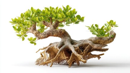 Fototapeta premium A small bonsai tree with vibrant green leaves and intricate roots, artistically shaped against a white background.