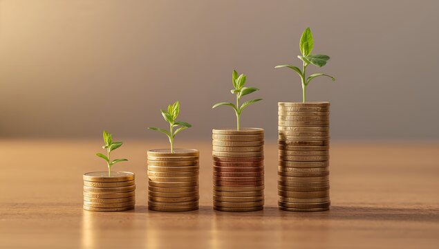 Growing plants emerging from stacks of coins, symbolizing financial growth and investment