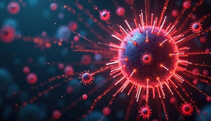 Fototapeta premium Digital illustration shows virus spreading. Glowing particles infect network system on dark background. Conceptual cyber attack spreads malicious software. Data security threat visualization for