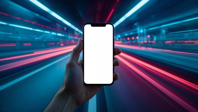 a hand holding a smartphone with a blank screen against a fast-paced, blurred background of lights