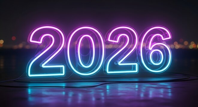 Glowing neon numbers 2026 against a blurred cityscape background new year concept