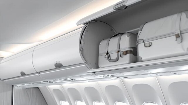 Carry On Suitcases Stored in Airplane Overhead Bin During Flight.