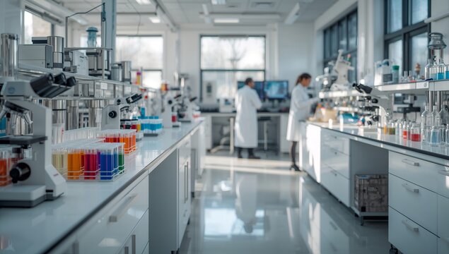 a modern laboratory filled with scientists working on experiments