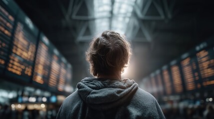 Journey begins in a bustling train station filled with anticipation and the glow of departure boards