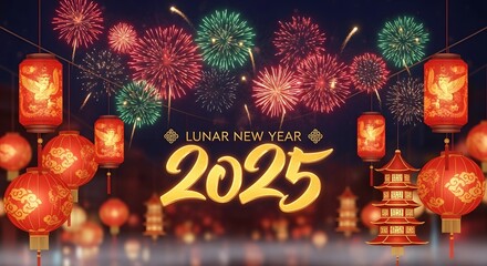 Vibrant 2025 chinese new year celebration with lanterns and fireworks display