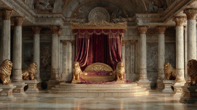 Luxurious throne with ornate gold lion statues and velvet drapery in grand historic palace interior