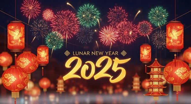 Vibrant 2025 chinese new year celebration with lanterns and fireworks display