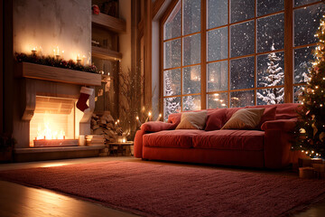 Elegant winter living room with festive lighting