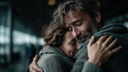 Couple embraces warmly in a busy terminal, sharing a moment of love and connection amidst the hustle of travel