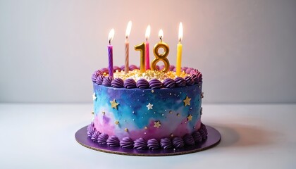 Spectacular birthday cake adorned with galaxy swirls, golden stars. Five candles illuminate number 18 creating magical celebration scene. Vibrant dessert perfect for birthdays anniversaries special