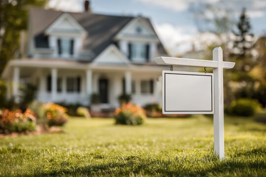 Sign stands on the lawn in front of a blurred, two-story house. Use to showcase property listings or real estate investments.
