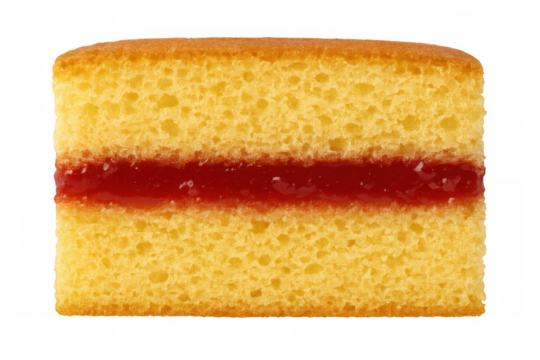 Sponge cake slice featuring a bright red jam filling. Sweet baked dessert food item ready for indulgence. Transparent background