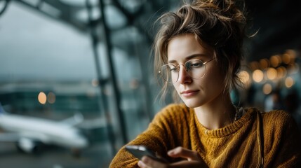 Young traveler engaged with smartphone in modern airport lounge during rainy day