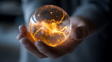 A hand holding a glowing orb representing energy from a chemical reaction 