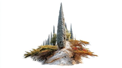 A surreal, triangular landscape with tall cypress trees and autumnal bushes on rocky terrain, isolated against a white background.