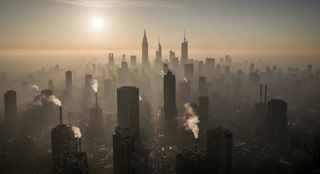 Polluted city skyline at sunset with industrial smoke and haze - Powered by Adobe