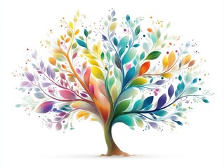 Fototapeta premium A colorful, artistic tree with vibrant, swirling leaves in multiple hues, symbolizing creativity and diversity on a white background.