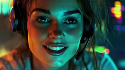 A young woman smiling into a microphone, with headphones on. - Powered by Adobe
