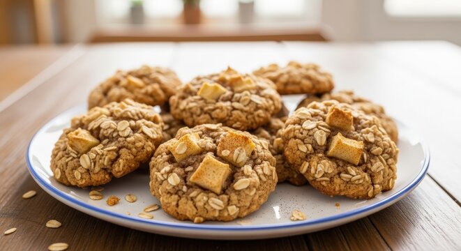 A plate of freshly baked oatmeal cookies topped with apple chunks on a rustic wooden table, ready to be enjoyed.
