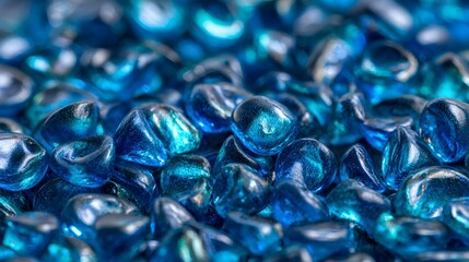 Shimmering pile of translucent blue glass gems creating an abstract background.