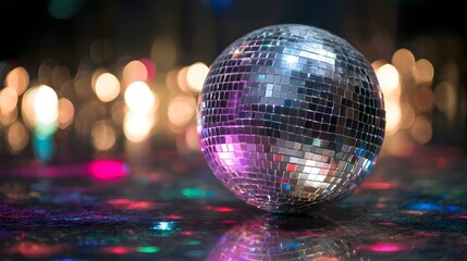 Shiny disco ball on a reflective floor with colorful bokeh lights in the background for a party.