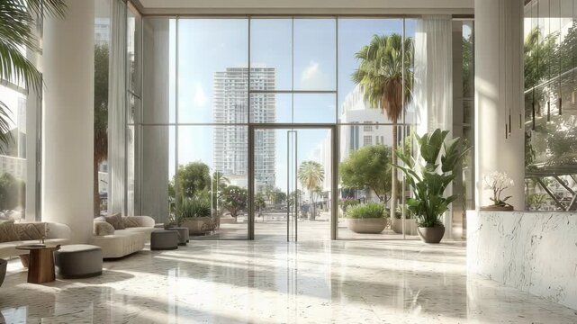 Luxurious Modern Lobby With Marble Floors Large Windows And Lush Greenery Overlooking Cityscape At Bright Daylight