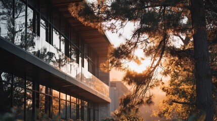 Modern building with large windows reflects trees at sunset. Use for architecture, real estate, nature, and peaceful environment concepts.