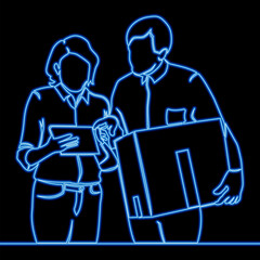 Warehouse workers, woman with tablet and man carrying box icon neon glow vector illustration concept